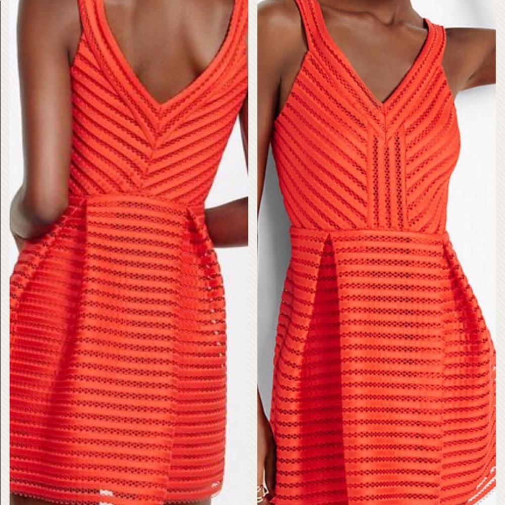 Express Red Mesh V-neck pleated fit & flare dress